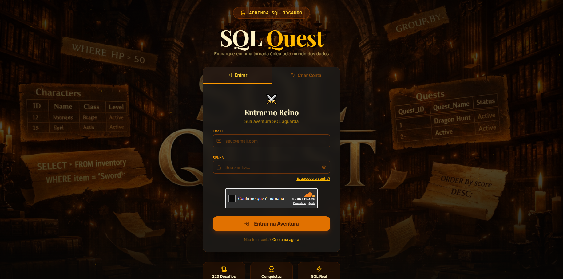 Tela de login do SQL-QUEST com tema Dark Academia, biblioteca antiga e elementos SQL espalhados
